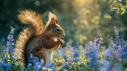 A red squirrel perches on a meadow with a nut in its paws. The squirrel has fluffy fur and a bushy...