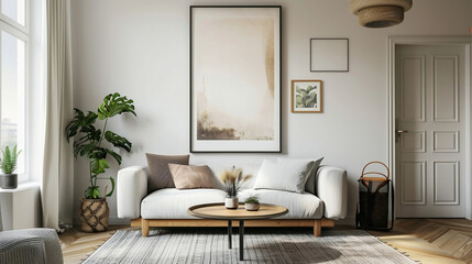 Frame mockup, ISO A paper size. Living room wall poster mockup. Interior mockup with house background.