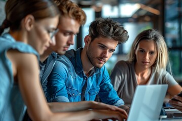 Fototapeta premium A group of young adults are working together on a laptop in an office. 