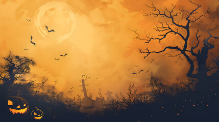 Jack O' Lanterns in a cemetery on a spooky night - background for Halloween
