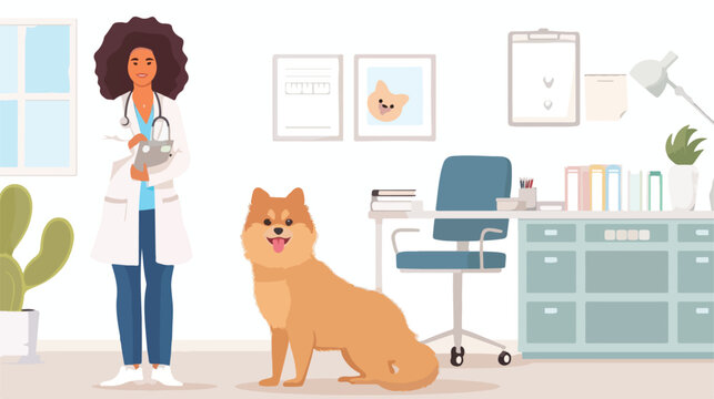 Female veterinarian with cute Pomeranian dog in clini