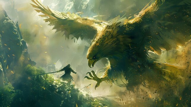 An awe-inspiring scene of a warrior facing a monumental eagle in a vibrant, sunlit forest, invoking a sense of myth and wonder, Digital art style, illustration painting.