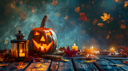 Halloween background with a pumpkin and lantern on a wooden table. with autumn leaves as decoration. Halloween concept banner design