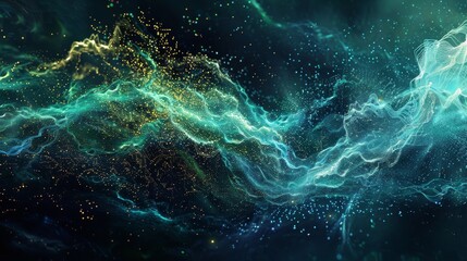 Ethereal digital landscape with glowing neon waves and starry particles.  Abstract Technology Background