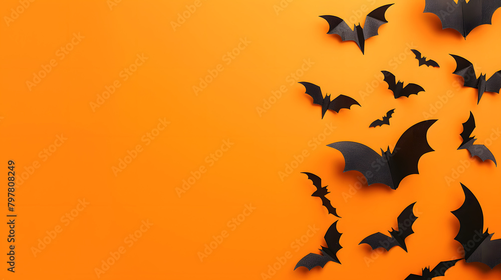 Poster halloween background with paper bats on color orange. flat lay top view space for text stock photo c