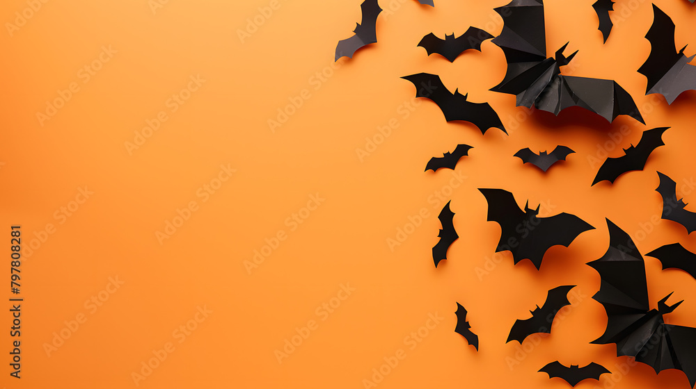 Poster halloween background with paper bats on color orange. flat lay top view space for text stock photo c