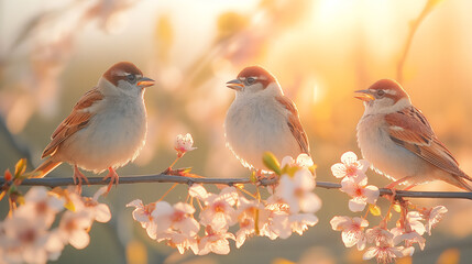 Sparrow birds sitting on the branch in spring garden.