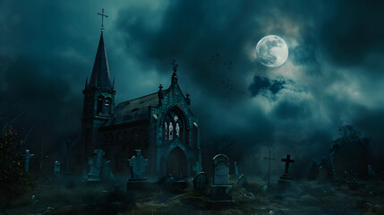 Obraz premium Halloween background with moon. clouds and gothic church in a cemetery on a dark night. Spooky landscape banner for a halloween party or event design template. Scary scene concept 