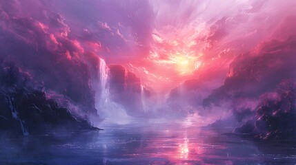 A stunning landscape with cascading waterfalls and lush vegetation under a breathtaking pink sky reflecting on tranquil waters at sunset, Digital art style, illustration painting.