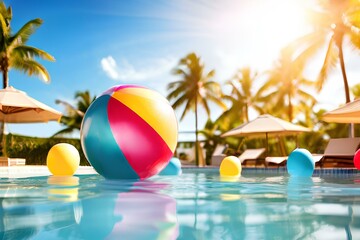 Summer holidays background with colorful beach ball floating on luxury swimming pool and copy space.