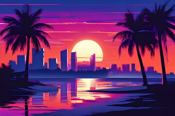 Synthwave style landscape with beach and palm trees and silhouette of building and modern city in background.
