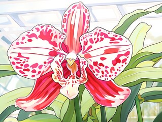 A pink and white orchid with red spots on the petals.