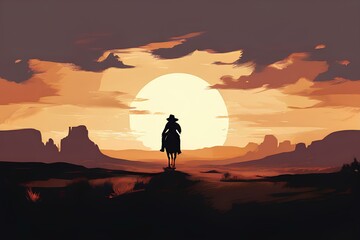 Western landscape with silhouette of a lonely cowboy riding a horse in beautiful midwest scenery. - obrazy, fototapety, plakaty