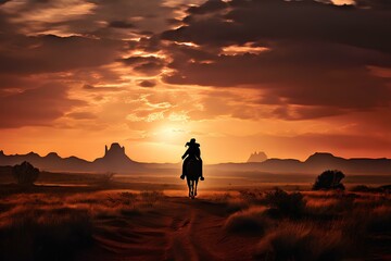 Western landscape with silhouette of a lonely cowboy riding a horse in beautiful midwest scenery.