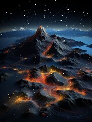 A volcano erupting at night, with lava flowing down its sides and stars in the sky.