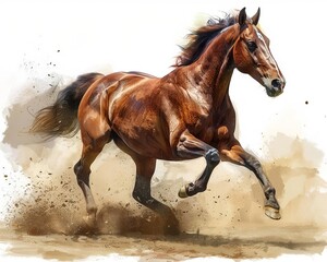 A watercolor painting of a brown horse running in a field.