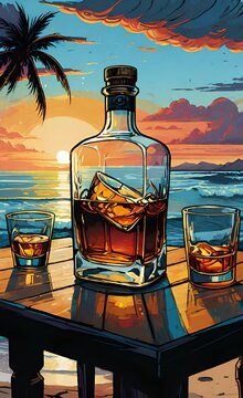 Bottle and glass of Whisky on a table with beach sea and sunset in background.