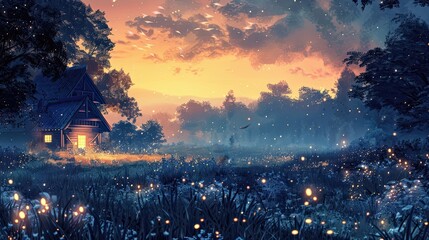 A small cottage in the middle of a field of flowers at sunset with fireflies flying around.