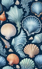 Seamless pattern background inspired by the textures and patterns of the ocean with intricate illustrations of seashells, waves, and sea creatures.