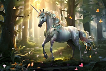 Obraz na płótnie Canvas Illustration of the mythical creature the unicorn in fairy forest.
