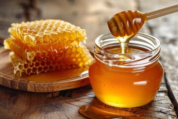 A honey dipper releases a sticky stream of honey into a glass jar, paired with a natural honeycomb set on a rustic backdrop