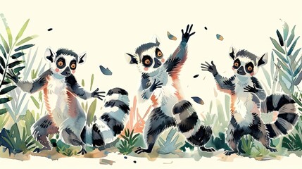 Four watercolor lemurs dancing in a watercolor jungle