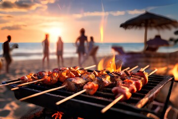 Summer bbq concept image with skewers on a hot barbecue on the beach with people in background.