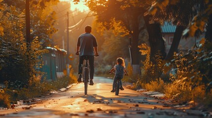 Children ride bicycles with their parents
