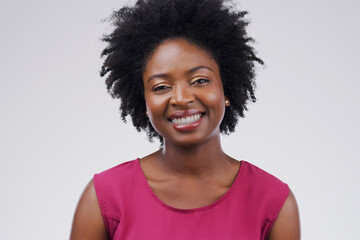 Fototapeta premium Black woman, portrait and happiness in studio for internship, business and startup company. Project manager, African female person, smile and pride white background for creative venture in job