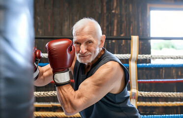 Senior man working out with punching bag at boxing hall. Sport training concept.