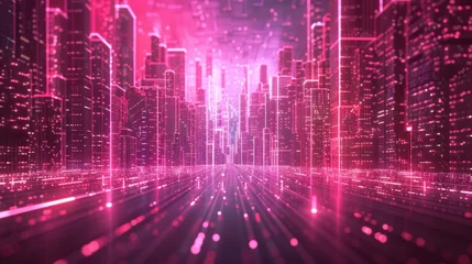 Fototapete Rund Futuristic cityscape bathed in magenta and blue digital light. Abstract Technology Background © lemoncraft