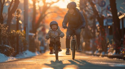 Obraz premium Children ride bicycles with their parents