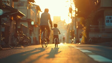 Children ride bicycles with their parents