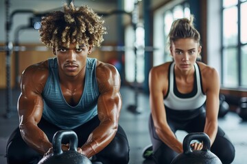A muscular man and focused woman workout with kettlebells in a gym setting