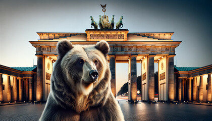 A close-up of a large, majestic bear with a stern expression standing guard at the famous Brandenburg Gate in Berlin. The bear symbolizes strength and vigilance, representing the guardian spirit of th