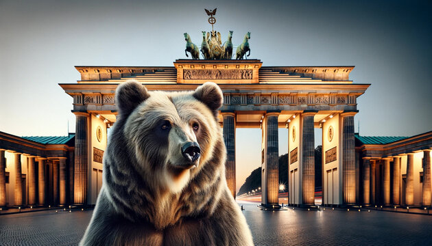 A close-up of a large, majestic bear with a stern expression standing guard at the famous Brandenburg Gate in Berlin. The bear symbolizes strength and vigilance, representing the guardian spirit of th