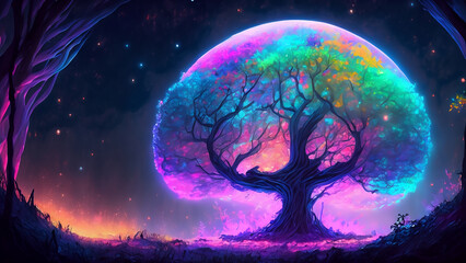fantasy colorful tree on the night forest. Generative AI