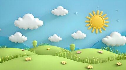 Sunshine on blue sky with clouds and grass field