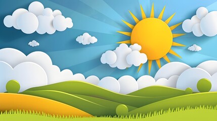 Sunshine on blue sky with clouds and grass field