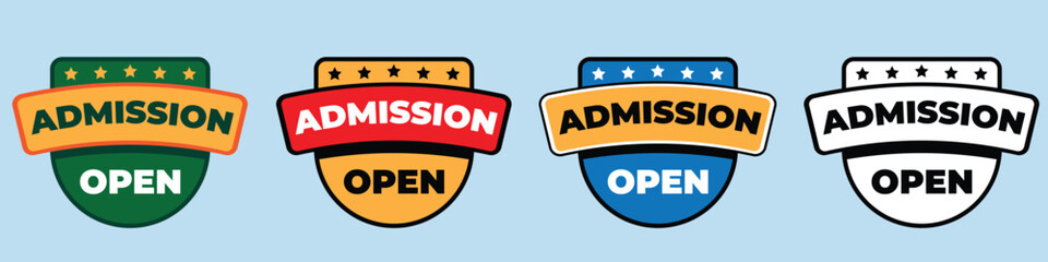 colorful admission open badge design, icon, logo, symbol,  print poster and social media post template. trendy isolated illustration.