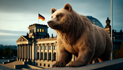 A close-up of a mighty bear standing on the steps of the Reichstag building in Berlin, looking out over the city. This image conveys a sense of protection and surveillance.
