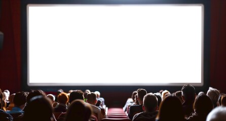 Crowded cinema with viewers looking at a bright movie screen