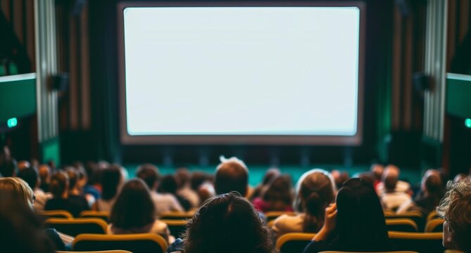 Cinema audience engaged in film screening with visible screen
