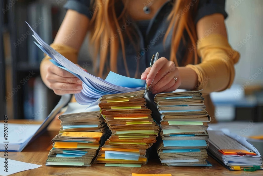 Poster a person sorting through piles of colorful folders and files on a desk, giving the sense of organiza