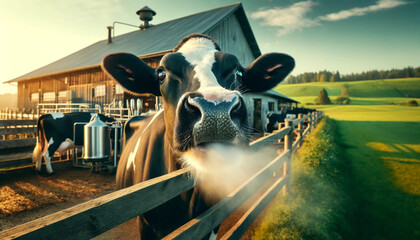 Close-up of a black and white Holstein cow with thick, shiny hair blowing air from its nostrils in front of a dairy farm. The farm has a rustic appearance, with wooden fences and green pastures in the