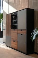 A sleek, modern office cabinet stands against a wall, its clean lines and minimalist design exuding professionalism. 