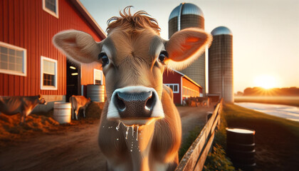 Close-up portrait of a young light brown Guernsey cow blowing air, clearly showing breath condensation. The setting is a traditional dairy farm with red barns and silos in the background.