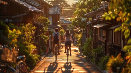 Obraz premium Young couples ride bicycles to tour the ancient town, with the sunshine shining brightly