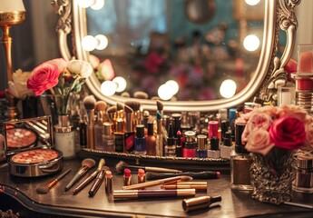 Decorative cosmetics adorn the dressing table in the makeup room