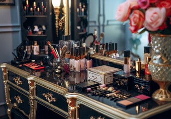 Decorative cosmetics adorn the dressing table in the makeup room